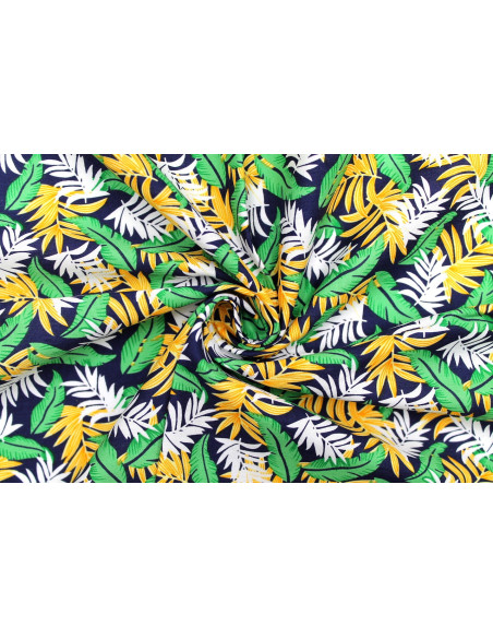 Tissu Popeline Coton Imprimé Palmy Marine/Jaune/Vert -Au Mètre