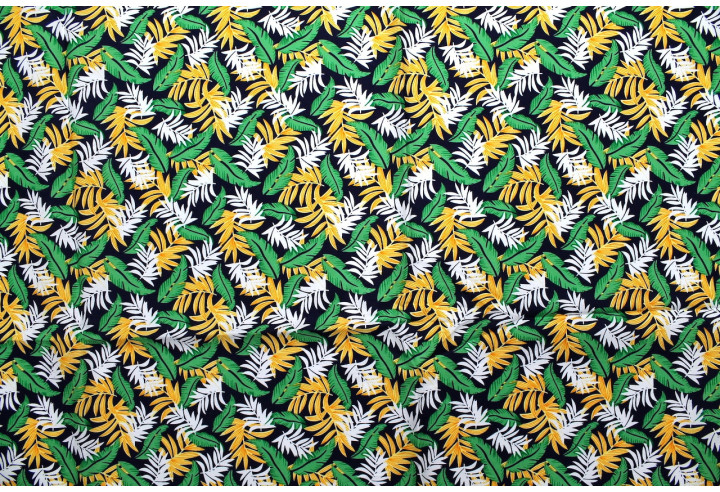 Tissu Popeline Coton Imprimé Palmy Marine/Jaune/Vert -Au Mètre