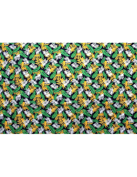 Tissu Popeline Coton Imprimé Palmy Marine/Jaune/Vert -Au Mètre