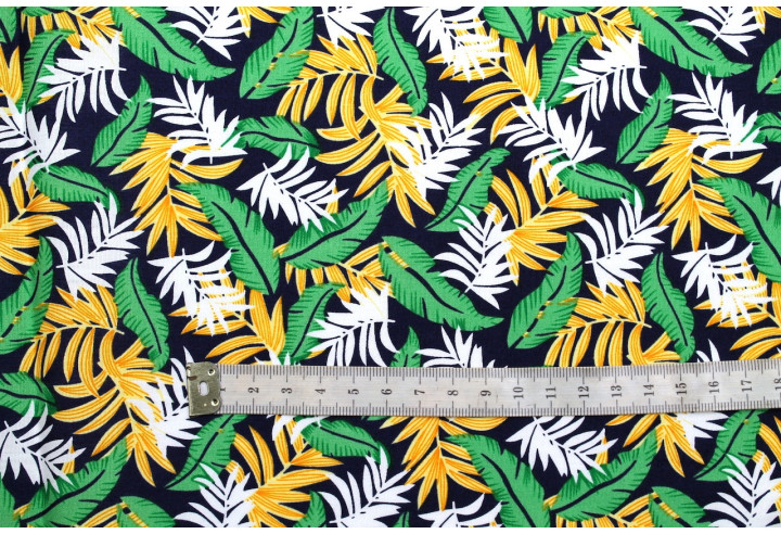 Tissu Popeline Coton Imprimé Palmy Marine/Jaune/Vert -Au Mètre