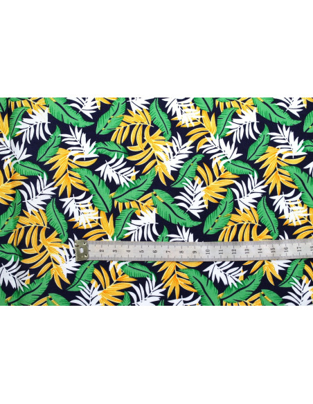 Tissu Popeline Coton Imprimé Palmy Marine/Jaune/Vert -Au Mètre