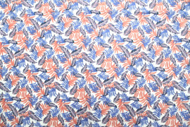Tissu Popeline Coton Imprimé Palmy Blanc/Bleu/Corail -Au Mètre