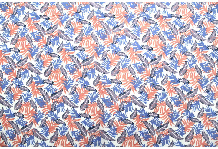 Tissu Popeline Coton Imprimé Palmy Blanc/Bleu/Corail -Au Mètre