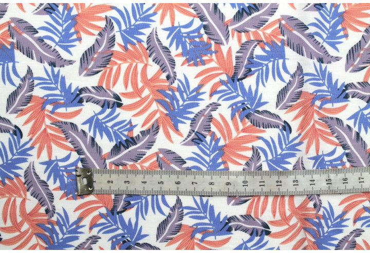 Tissu Popeline Coton Imprimé Palmy Blanc/Bleu/Corail -Au Mètre