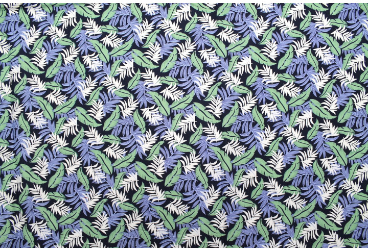 Tissu Popeline Coton Imprimé Palmy Marine/Ciel/Vert -Au Mètre