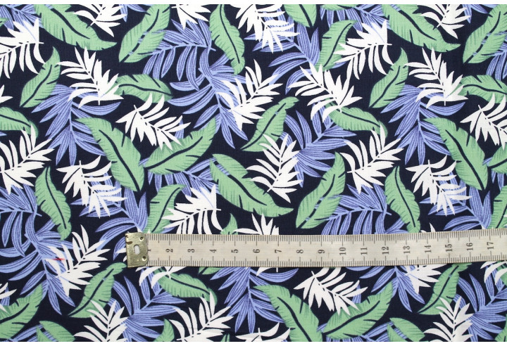 Tissu Popeline Coton Imprimé Palmy Marine/Ciel/Vert -Au Mètre