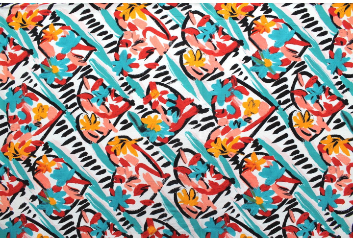 Tissu Popeline Coton Imprimé Coralie Turquoise -Au Mètre