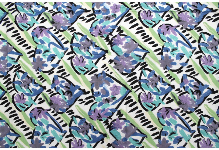 Tissu Popeline Coton Imprimé Coralie Bleu et Vert -Au Mètre