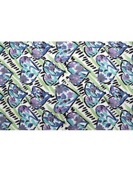Tissu Popeline Coton Imprimé Coralie Bleu et Vert -Au Mètre