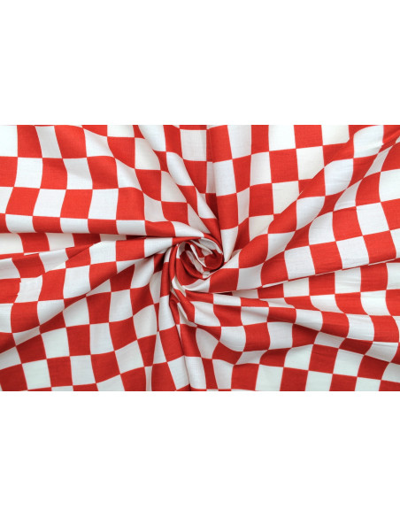 Tissu Popeline Coton Imprimé Damier Rouge -Au Mètre