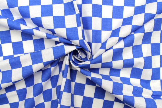 Tissu Popeline Coton Imprimé Damier Bleu -Au Mètre