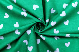 Tissu Popeline Coton Imprimé Fond Vert Cœur Blanc -Au Mètre