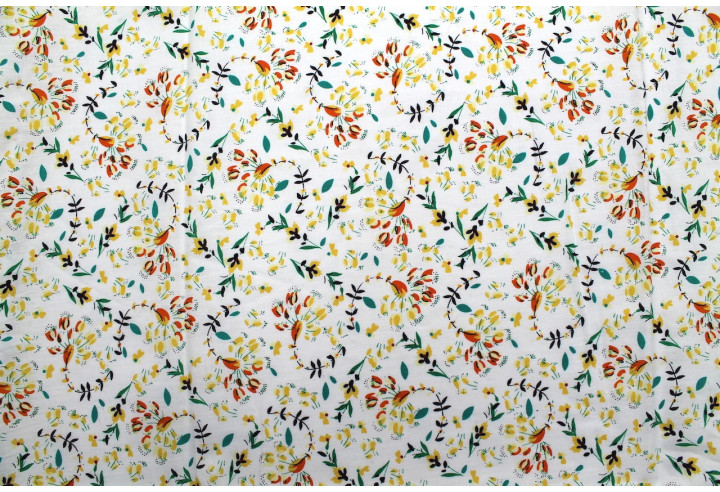 Tissu Popeline Coton Imprimé Fleur Lucie Jaune -Au Mètre