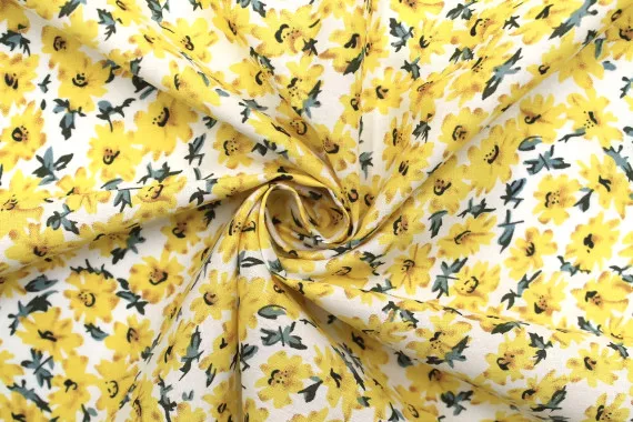 Tissu Popeline Coton Imprimé Fleur Wendy Jaune -Au Mètre