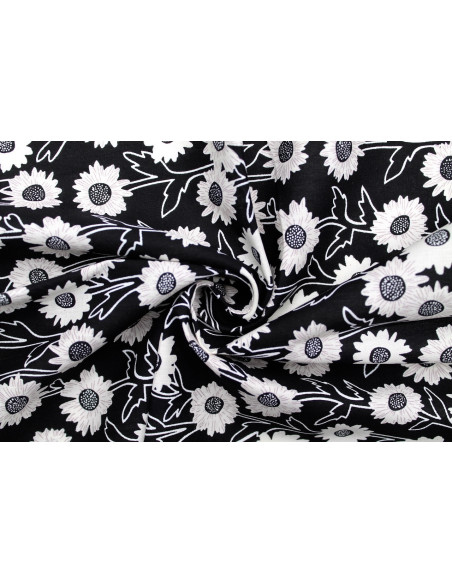 Tissu Popeline Coton Imprimé Fleur Gama Noir -Au Mètre