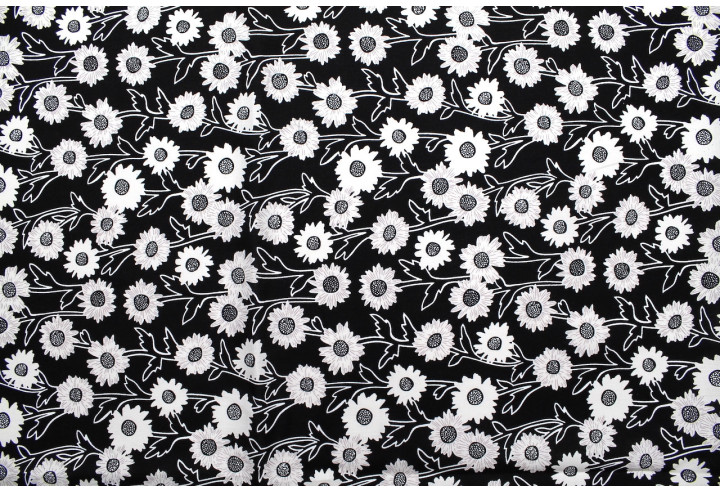 Tissu Popeline Coton Imprimé Fleur Gama Noir -Au Mètre