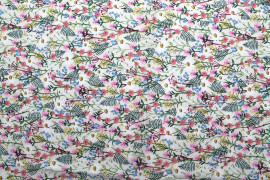 Tissu Popeline Coton Imprimé Fleur Sapin Vert et Rose -Au Mètre