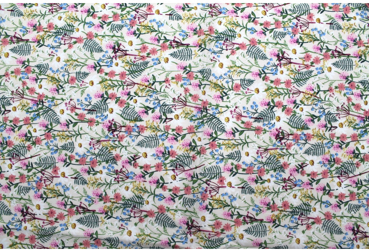 Tissu Popeline Coton Imprimé Fleur Sapin Vert et Rose -Au Mètre