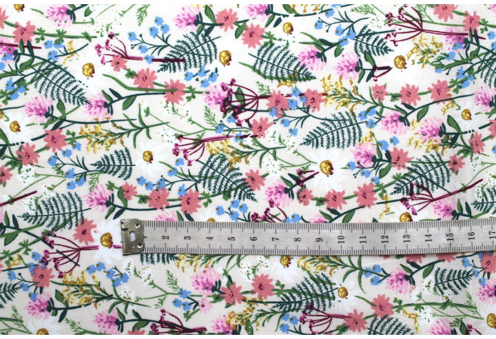 Tissu Popeline Coton Imprimé Fleur Sapin Vert et Rose -Au Mètre