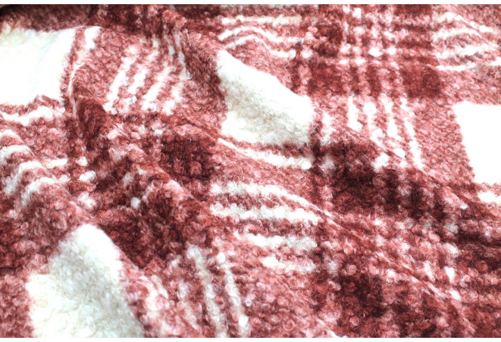 Tissu Tweed Bouclette Chloé Carreaux Bordeaux/Écru -Au Mètre
