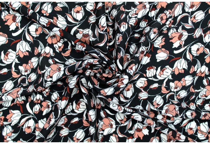 Tissu Crêpe Mousseline Twist Tulipes Noir -Au Mètre