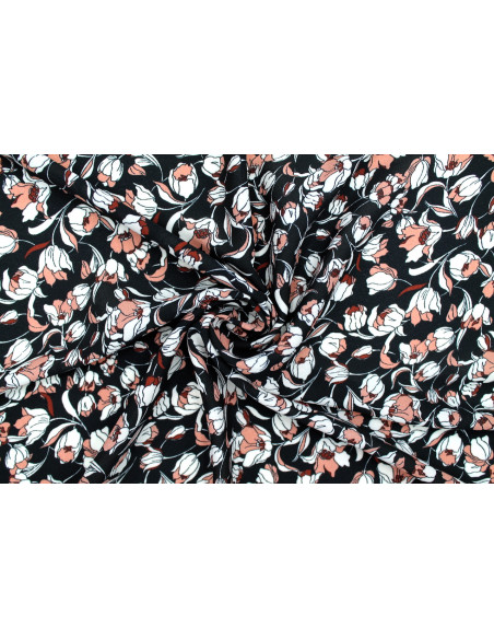 Tissu Crêpe Mousseline Twist Tulipes Noir -Au Mètre