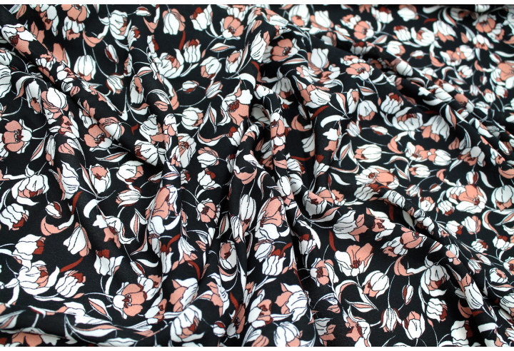 Tissu Crêpe Mousseline Twist Tulipes Noir -Au Mètre