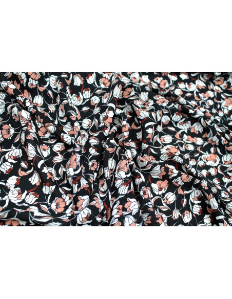 Tissu Crêpe Mousseline Twist Tulipes Noir -Au Mètre