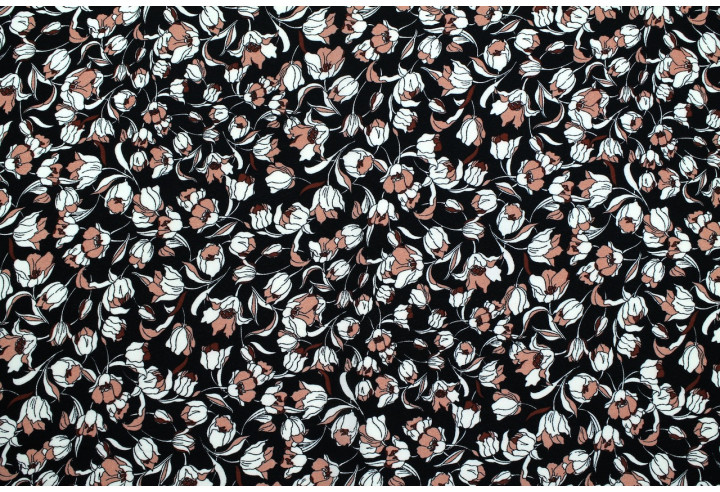 Tissu Crêpe Mousseline Twist Tulipes Noir -Au Mètre