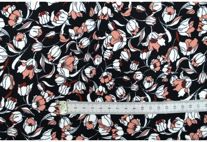 Tissu Crêpe Mousseline Twist Tulipes Noir -Au Mètre