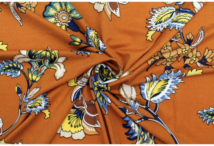 Tissu Jersey Peau de pêche Fleur Maria Brique -Au Mètre