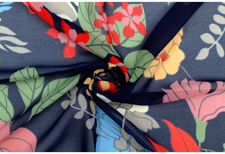 Tissu Mousseline Georgette Imprimée Fleur Sophie Marine -Au Mètre