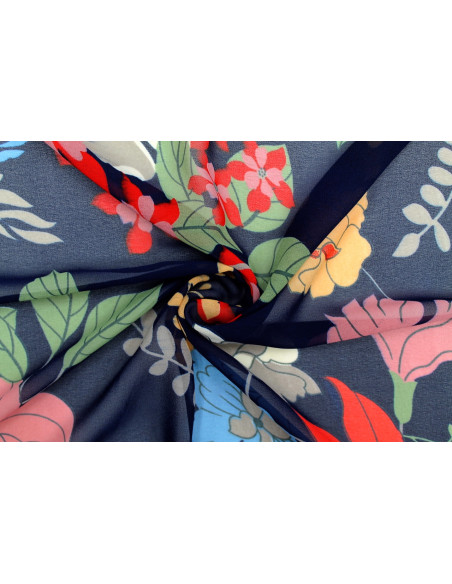 Tissu Mousseline Georgette Imprimée Fleur Sophie Marine -Au Mètre
