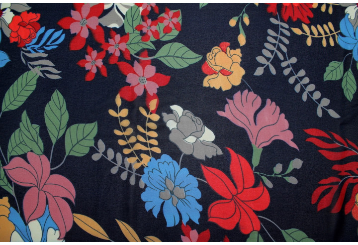 Tissu Mousseline Georgette Imprimée Fleur Sophie Marine -Au Mètre
