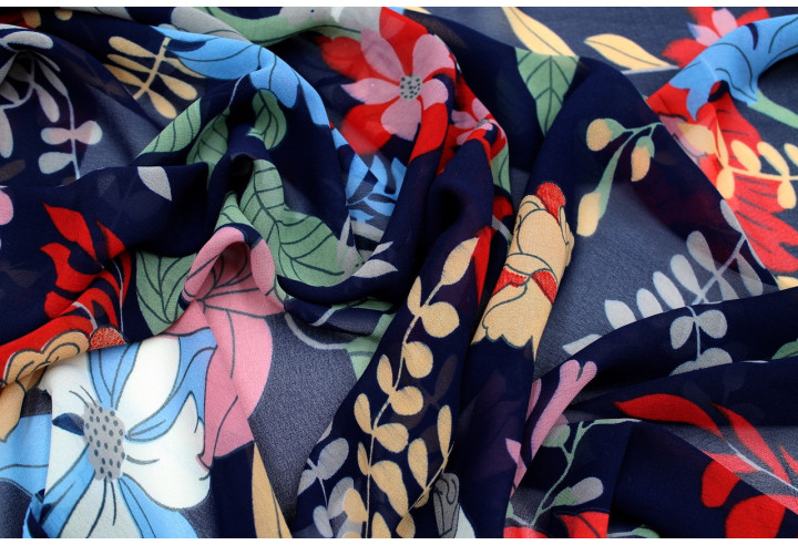 Tissu Mousseline Georgette Imprimée Fleur Sophie Marine -Au Mètre