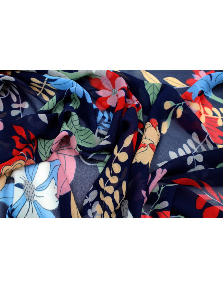 Tissu Mousseline Georgette Imprimée Fleur Sophie Marine -Au Mètre