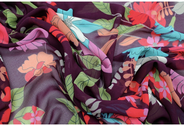Tissu Mousseline Georgette Imprimée Fleur Sophie Prune -Au Mètre