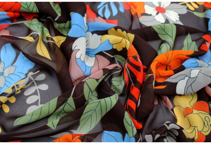 Tissu Mousseline Georgette Imprimée Fleur Sophie Marron -Au Mètre