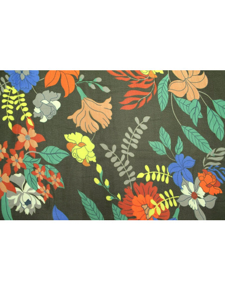 Tissu Mousseline Georgette Imprimée Fleur Sophie Kaki -Au Mètre