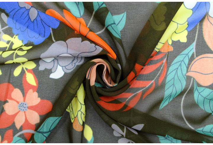 Tissu Mousseline Georgette Imprimée Fleur Sophie Kaki -Au Mètre