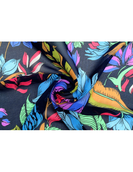 Tissu Mousseline Georgette Imprimée Fleur Nadia Marine -Au Mètre