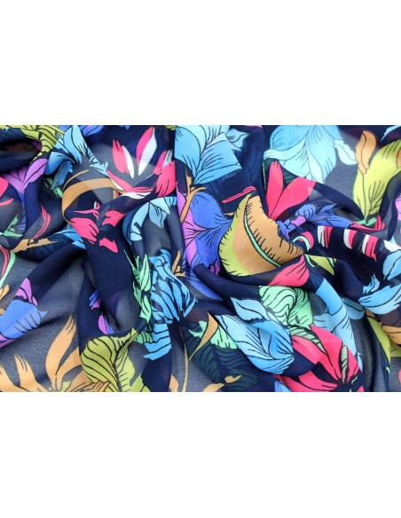 Tissu Mousseline Georgette Imprimée Fleur Nadia Marine -Au Mètre