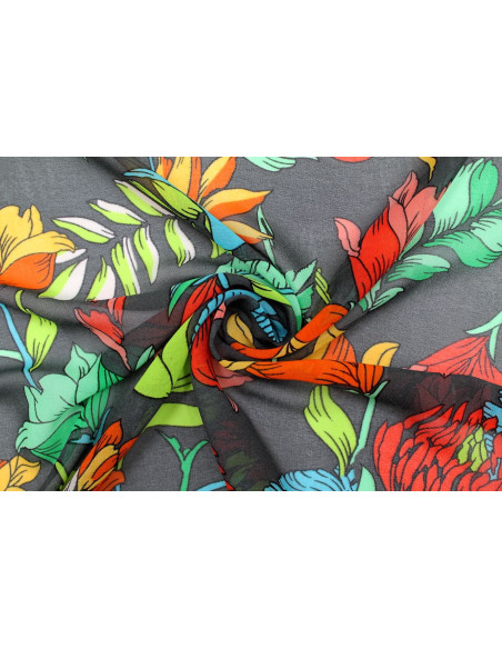 Tissu Mousseline Georgette Imprimée Fleur Nadia Gris -Au Mètre