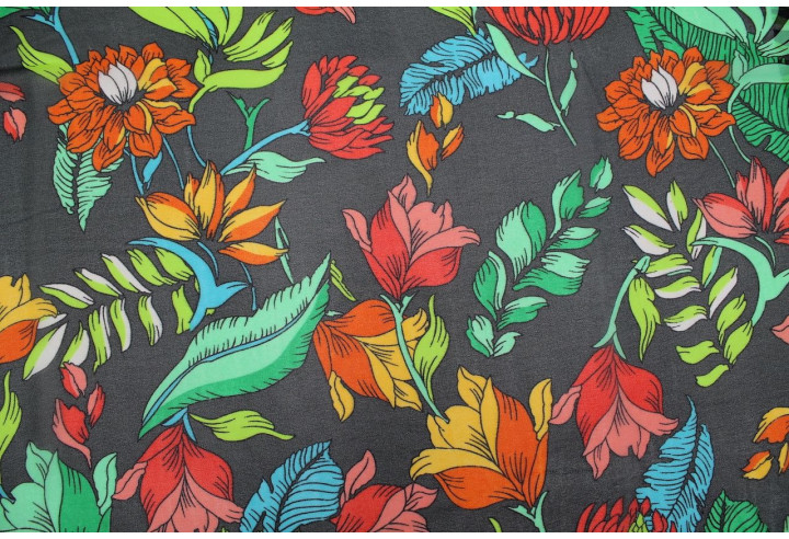 Tissu Mousseline Georgette Imprimée Fleur Nadia Gris -Au Mètre