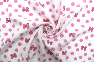 Tissu Popeline Viscose Imprimé Pois et Nœud Rose -Au Mètre
