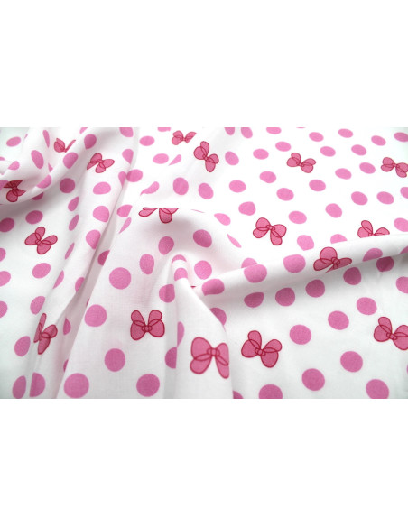 Tissu Popeline Viscose Imprimé Pois et Nœud Rose -Au Mètre