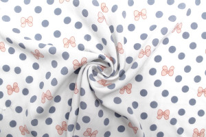Tissu Popeline Viscose Imprimé Pois Gris et Nœud Saumon -Au Mètre