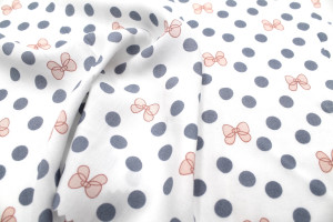 Tissu Popeline Viscose Imprimé Pois Gris et Nœud Saumon -Au Mètre 2