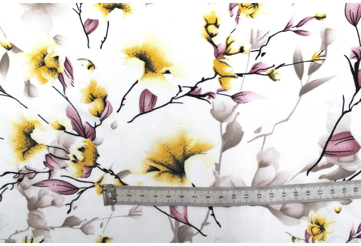 Tissu Popeline Viscose Imprimé Fleur Relief Jaune -Au Mètre