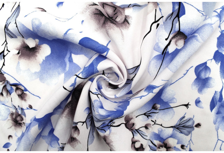 Tissu Popeline Viscose Imprimé Fleur Relief Bleu -Au Mètre